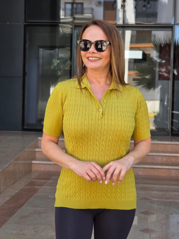 FELİX15666 Polo Yaka Düğmeli Saç Örgü Kısa Kol Yeşil Triko