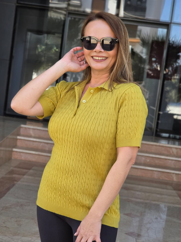 FELİX15666 Polo Yaka Düğmeli Saç Örgü Kısa Kol Yeşil Triko