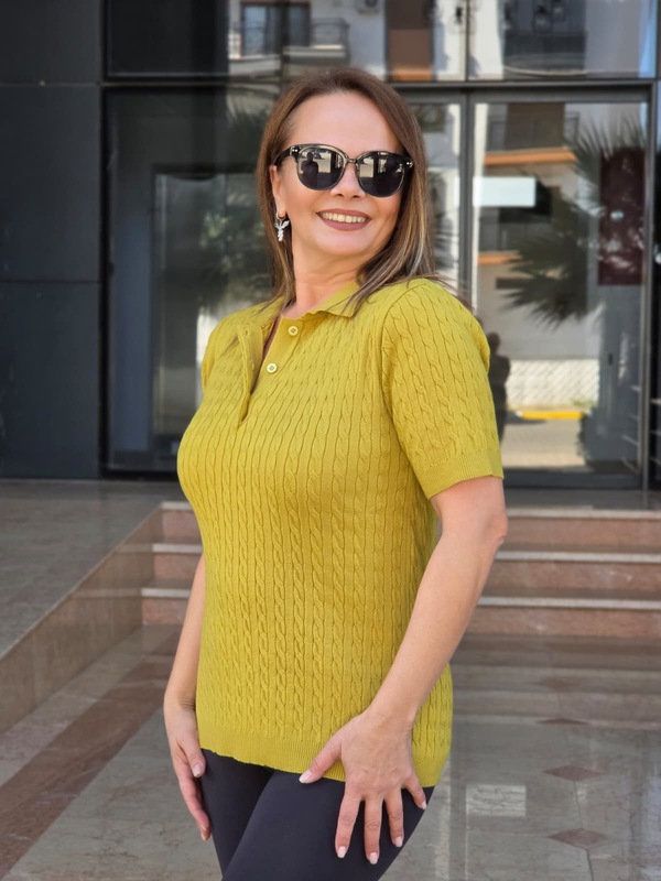 FELİX15666 Polo Yaka Düğmeli Saç Örgü Kısa Kol Yeşil Triko