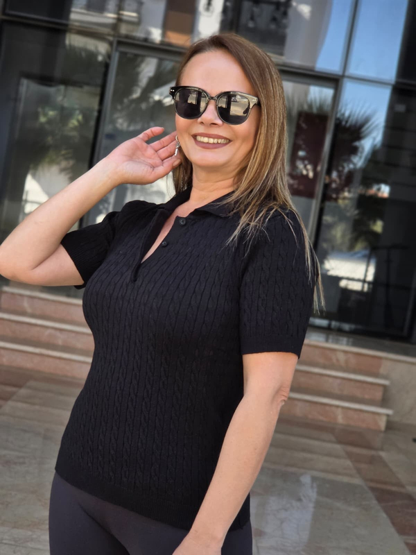 FELİX15669 Polo Yaka Düğmeli Saç Örgü Kısa Kol Siyah Triko