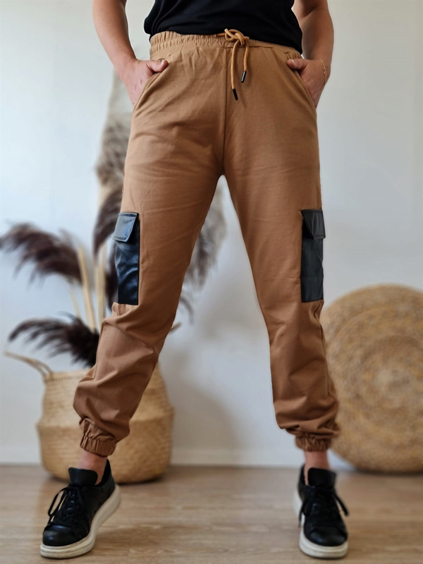 FELİX8982 Deri Cepli Şardonlu Camel Eşofman Alt
