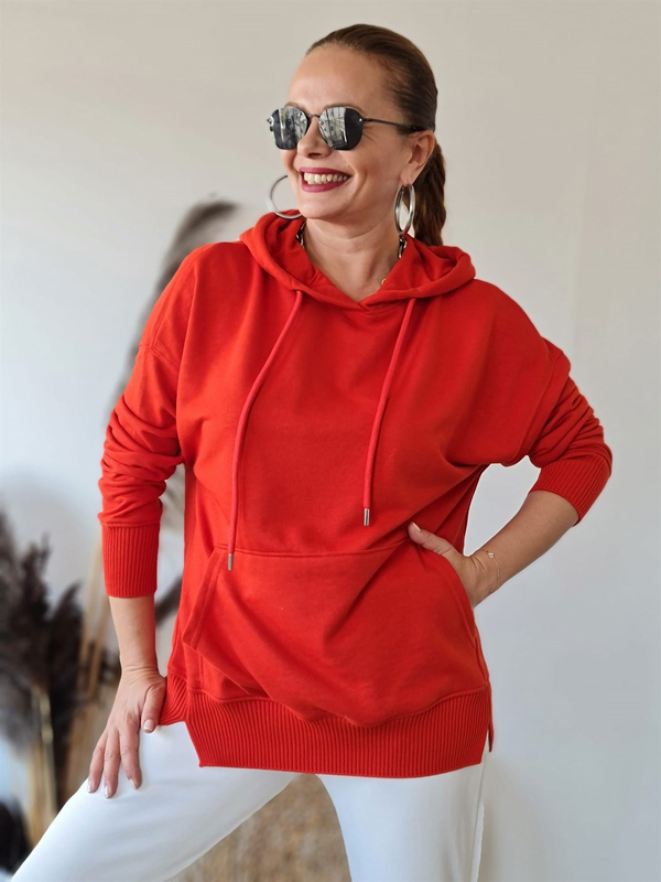 FELİX8986 Triko Detaylı Kapüşonlu Kırmızı Sweatshirt