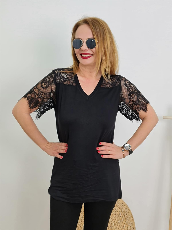FELİX9964 Omuz Kol Dantelli Siyah Bluz