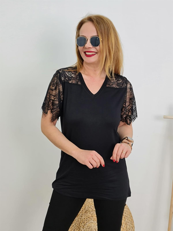 FELİX9964 Omuz Kol Dantelli Siyah Bluz