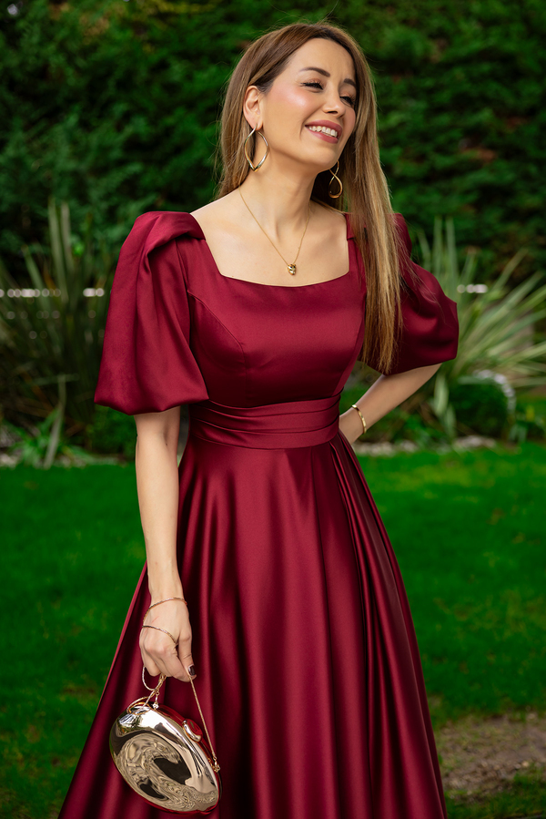 Balon Kol Saten Uzun Abiye - BORDO