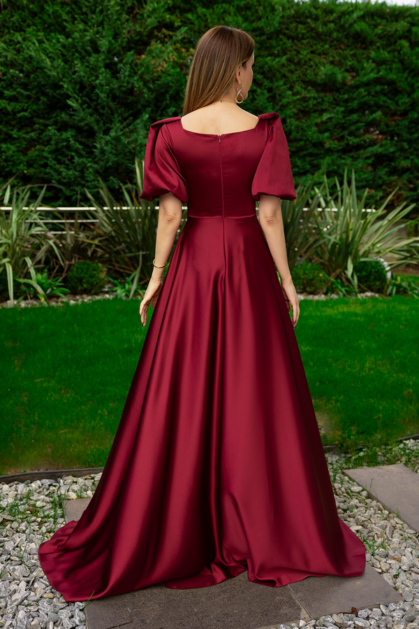 Balon Kol Saten Uzun Abiye - BORDO