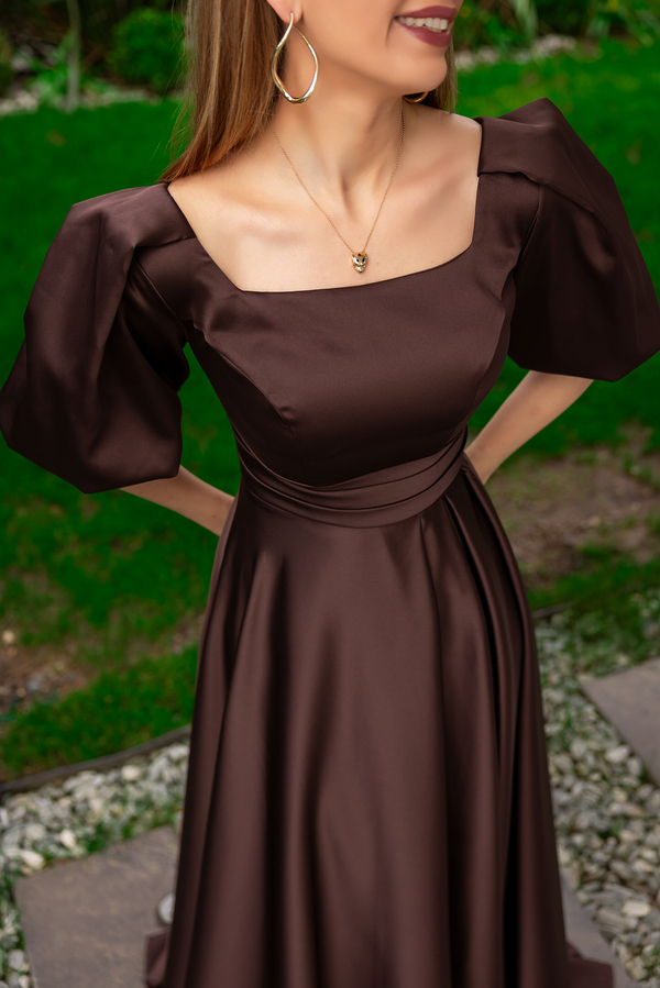 Balon Kol Saten Uzun Abiye - KAHVERENGİ