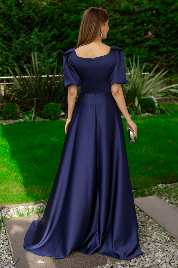 Balon Kol Saten Uzun Abiye - LACİVERT