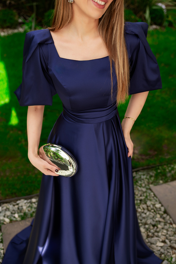 Balon Kol Saten Uzun Abiye - LACİVERT