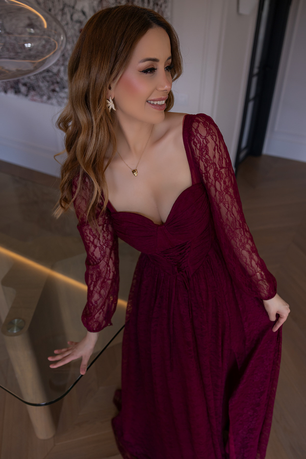 Bel Bağcıklı Dantel Abiye - BORDO