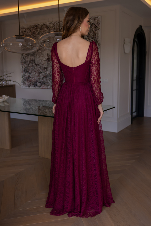 Bel Bağcıklı Dantel Abiye - BORDO