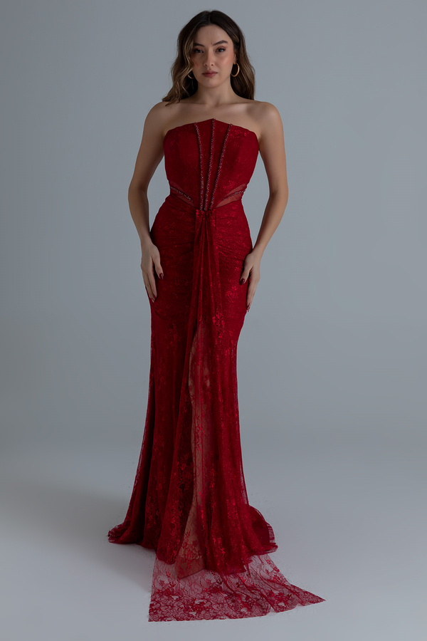 Bel Transparan Dantelli Abiye - KIRMIZI