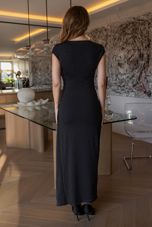 Bisiklet Yaka Drapeli Taşlı Elbise - SİYAH