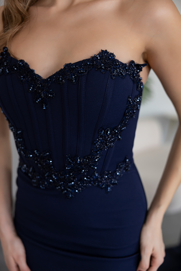 Boncuk İşlemeli Balenli Abiye - LACİVERT