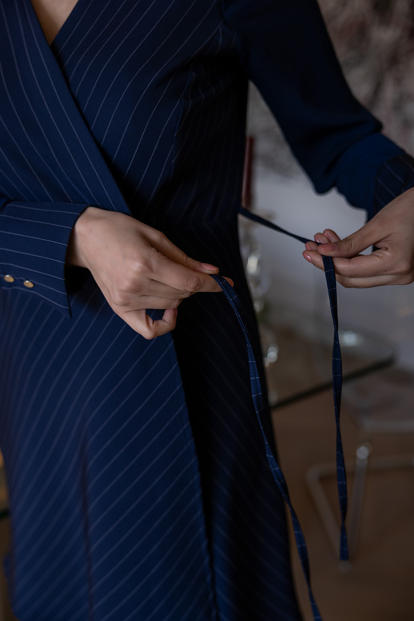 Çizgili Bağlamalı Elbise - LACİVERT