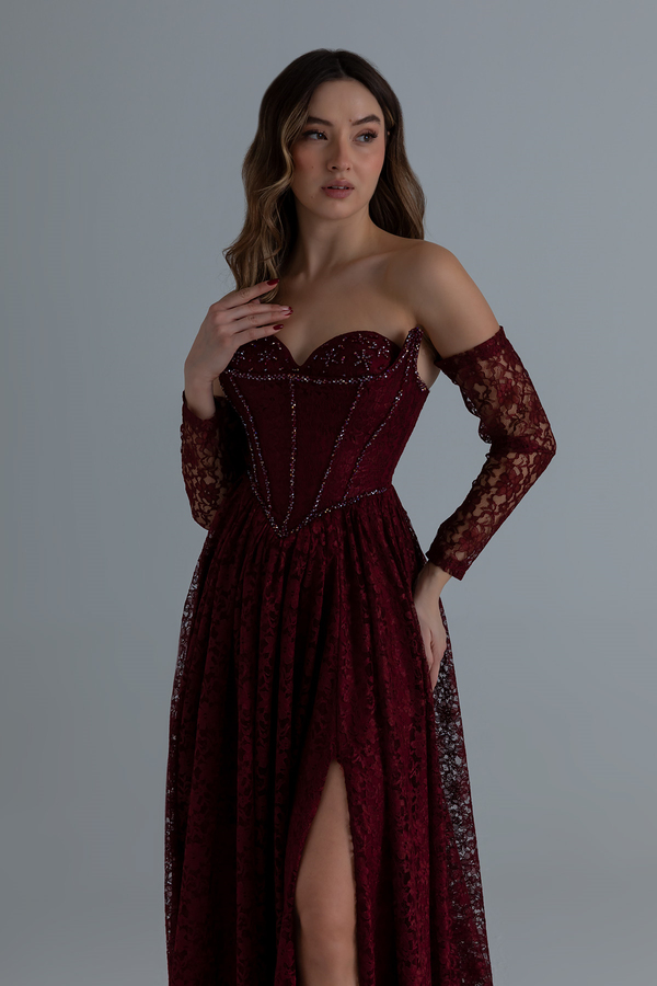 Dantelli Uzun Abiye - BORDO