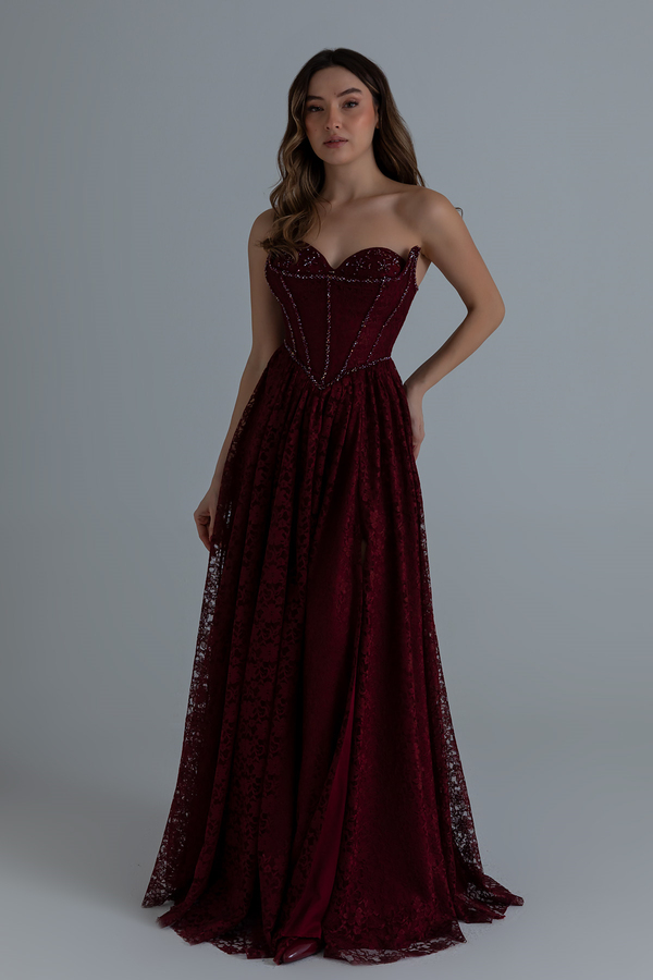 Dantelli Uzun Abiye - BORDO