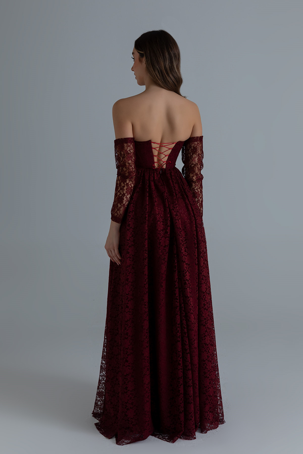 Dantelli Uzun Abiye - BORDO