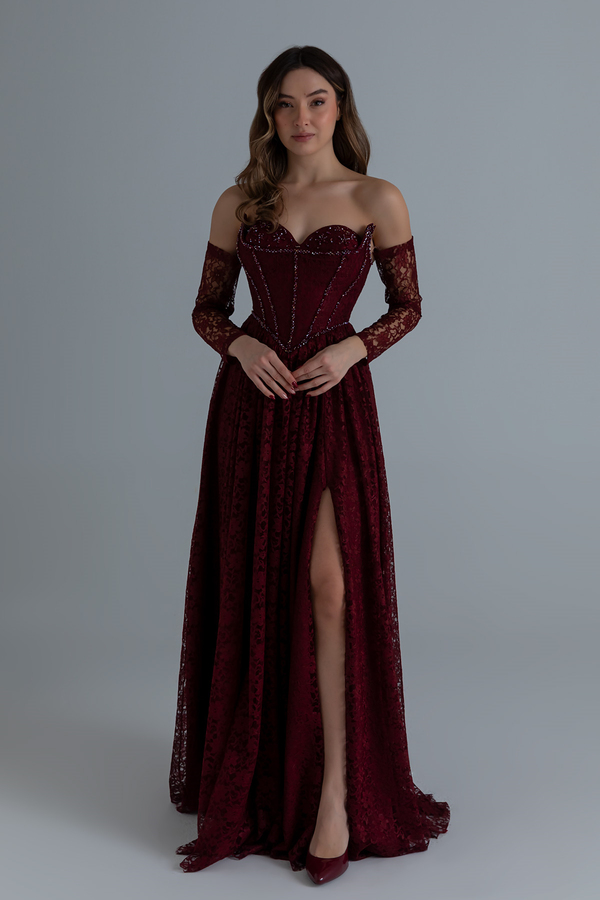 Dantelli Uzun Abiye - BORDO
