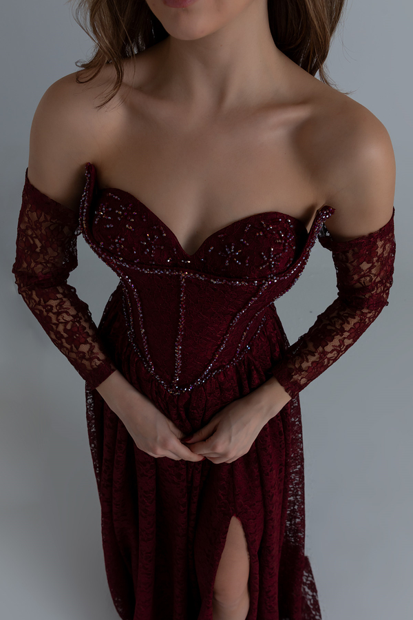 Dantelli Uzun Abiye - BORDO