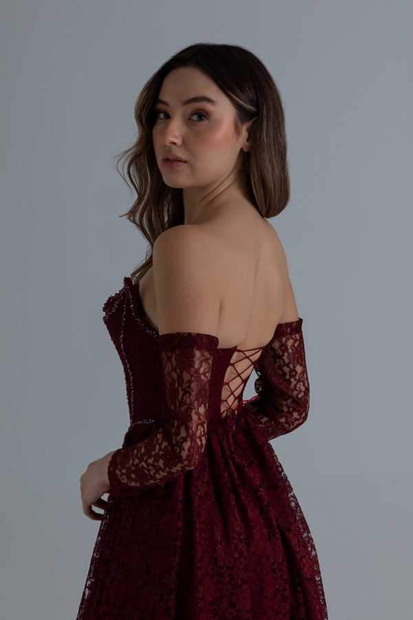 Dantelli Uzun Abiye - BORDO