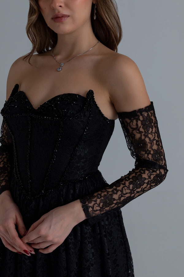 Dantelli Uzun Abiye - SİYAH