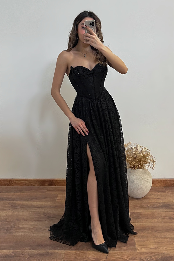 Dantelli Uzun Abiye - SİYAH