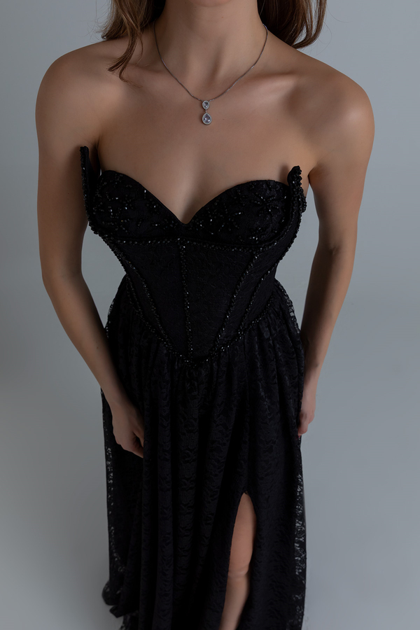 Dantelli Uzun Abiye - SİYAH