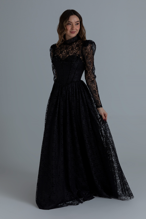 Dantelli Uzun Abiye - SİYAH