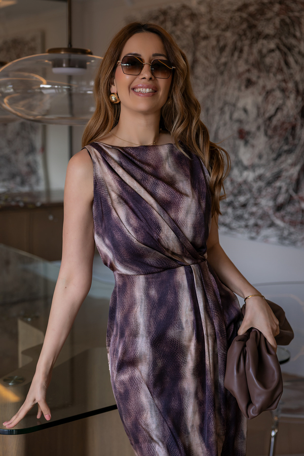 Drapeli Saten Elbise - KAHVERENGİ