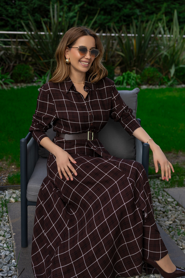 Ekose Desenli Gömlek Elbise - KAHVERENGİ