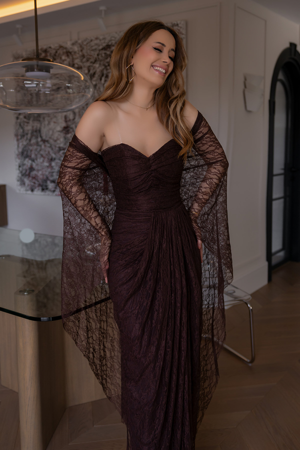 Fularlı Straplez Dantel Abiye - KAHVERENGİ