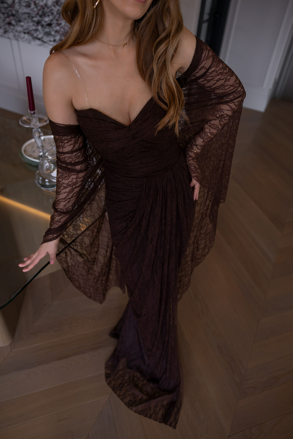 Fularlı Straplez Dantel Abiye - KAHVERENGİ