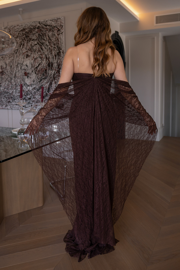 Fularlı Straplez Dantel Abiye - KAHVERENGİ