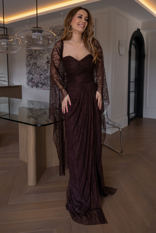 Fularlı Straplez Dantel Abiye - KAHVERENGİ