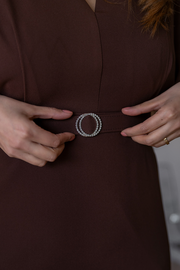 Geniş Kol Kemerli Elbise - KAHVERENGİ