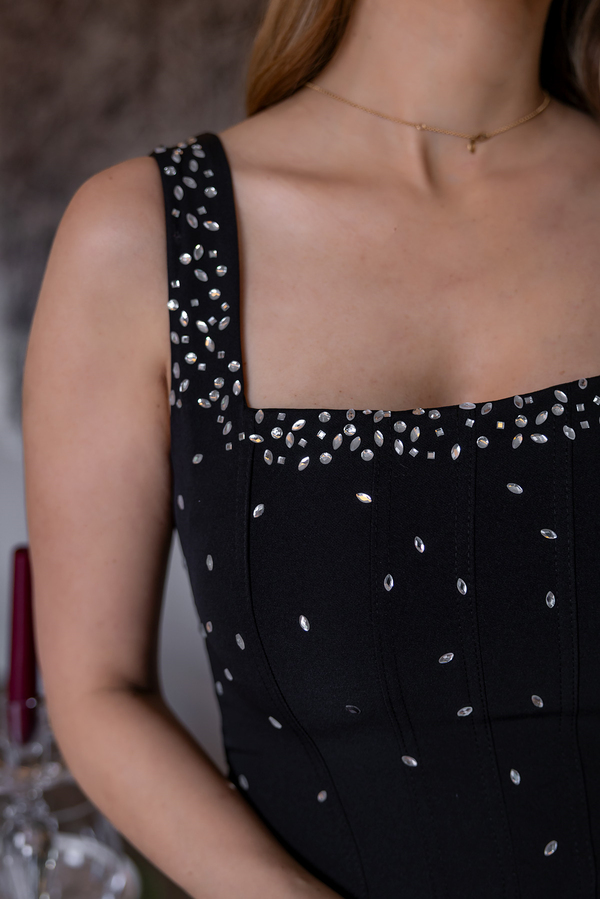 Kalın Askılı Taş İşlemeli Elbise - SİYAH