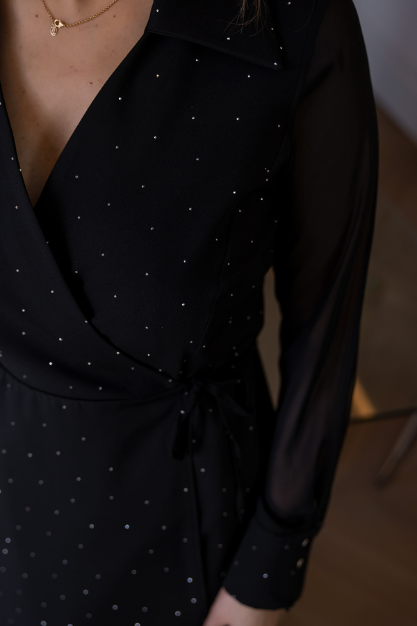 Kruvaze Yaka Işıltılı Elbise - SİYAH