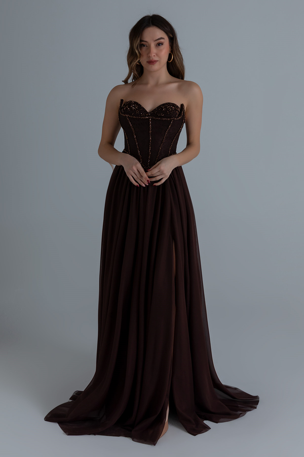 Straplez İşlemeli Kloş abiye - KAHVERENGİ