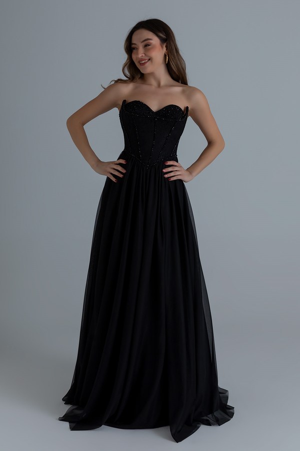 Straplez İşlemeli Kloş abiye - SİYAH