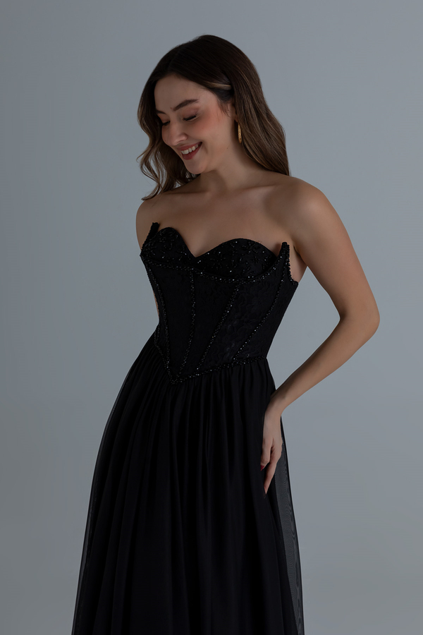 Straplez İşlemeli Kloş abiye - SİYAH