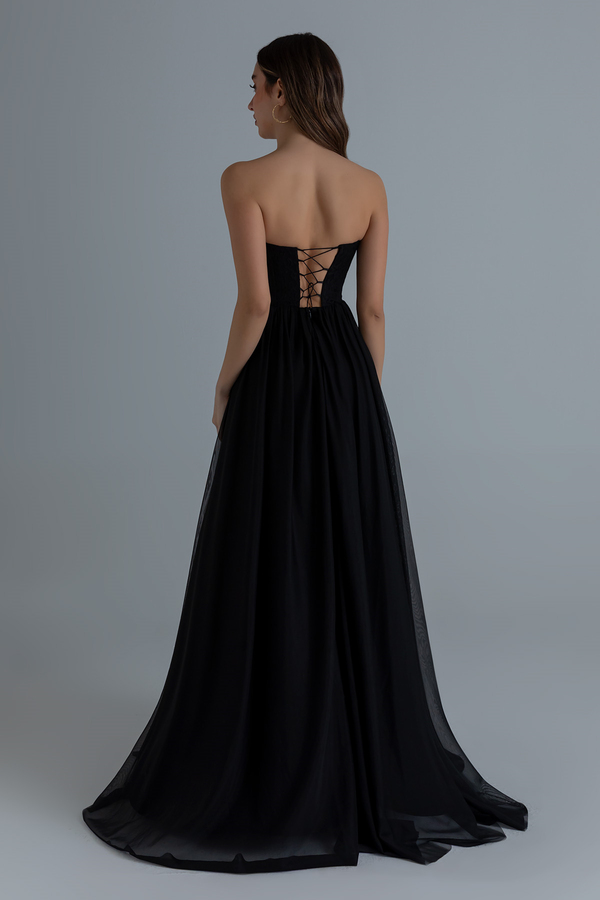 Straplez İşlemeli Kloş abiye - SİYAH