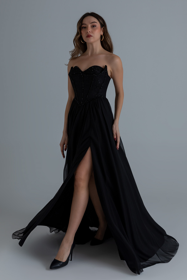 Straplez İşlemeli Kloş abiye - SİYAH