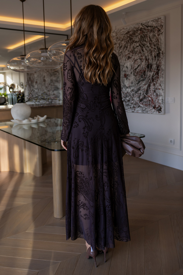 Tül Flok Baskılı Kloş Elbise - KAHVERENGİ