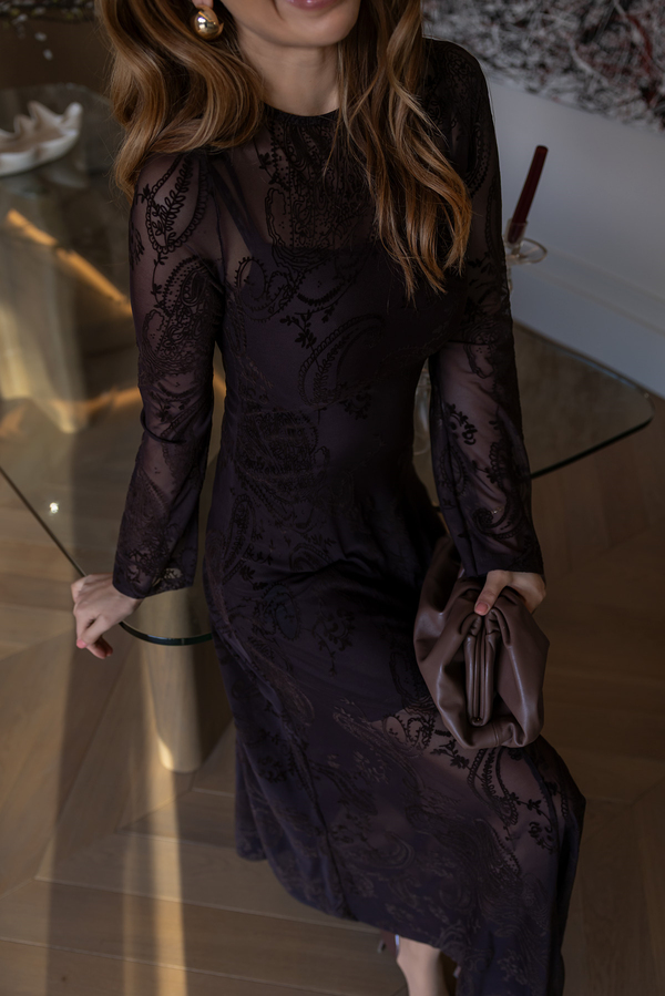 Tül Flok Baskılı Kloş Elbise - KAHVERENGİ