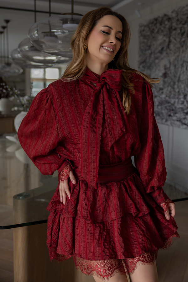 Vatkalı Dantel Detay Elbise - BORDO