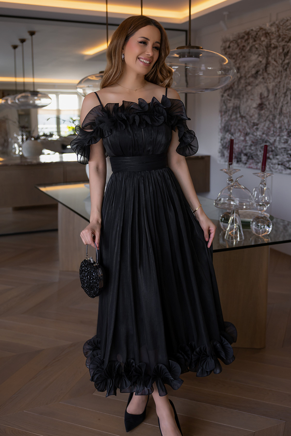 Volanlı Krinkıl Midi Abiye - SİYAH