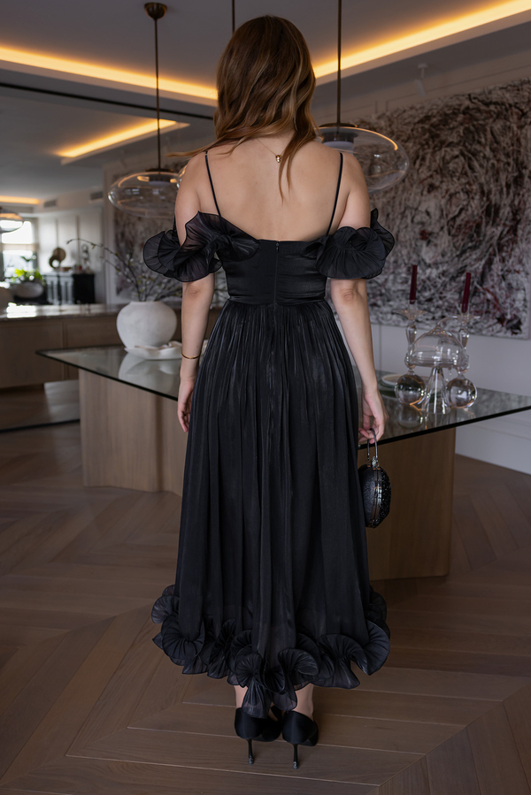 Volanlı Krinkıl Midi Abiye - SİYAH