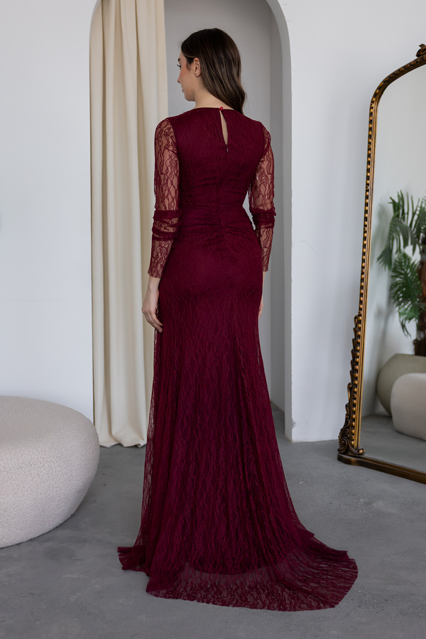 Yaka Boncuk İşlemeli Dantelli Abiye - BORDO