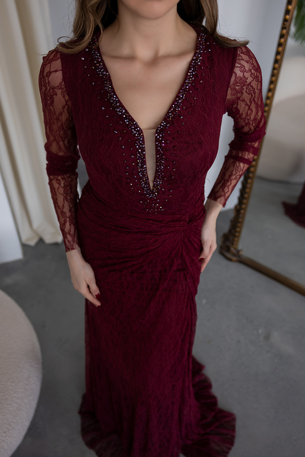 Yaka Boncuk İşlemeli Dantelli Abiye - BORDO